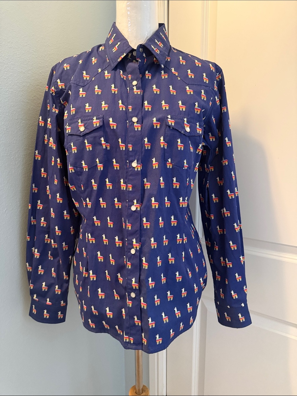 Navy Llama-Print Long-Sleeve Button-Down Shirt Juniors L